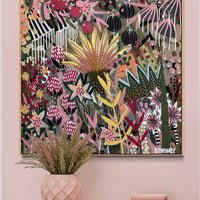 'The Golden Hour' by B.Twomey — original botanical acrylic painting, hot pink, gold and deep green on dark ground, 101x101cm, timber float frame
