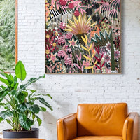 'The Golden Hour' by B.Twomey — original botanical acrylic painting, hot pink, gold and deep green on dark ground, 101x101cm, timber float frame