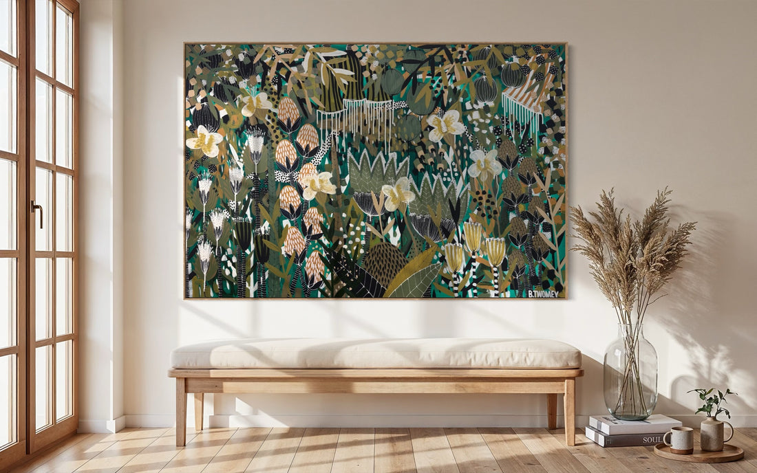 Original abstract botanical painting 'Another Beginning' by Brisbane artist B Twomey, 122 x 182cm acrylic on canvas