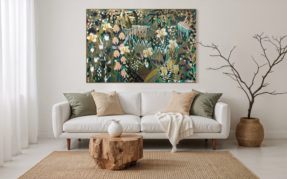 Original abstract botanical painting 'Another Beginning' by Brisbane artist B Twomey, 122 x 182cm acrylic on canvas