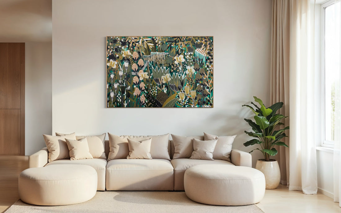 Original abstract botanical painting 'Another Beginning' by Brisbane artist B Twomey, 122 x 182cm acrylic on canvas