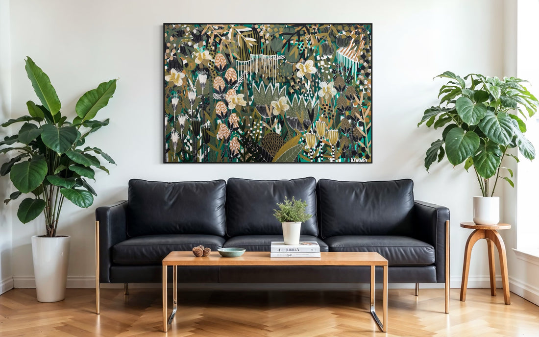 Original abstract botanical painting 'Another Beginning' by Brisbane artist B Twomey, 122 x 182cm acrylic on canvas