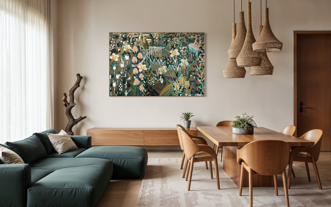 Original abstract botanical painting 'Another Beginning' by Brisbane artist B Twomey, 122 x 182cm acrylic on canvas