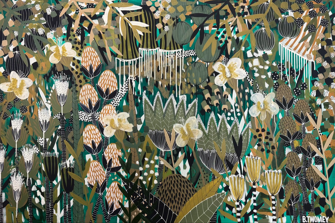 Original abstract botanical painting 'Another Beginning' by Brisbane artist B Twomey, 122 x 182cm acrylic on canvas