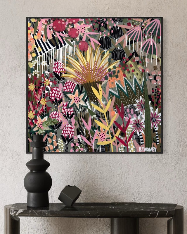 'The Golden Hour' by B.Twomey — original botanical acrylic painting, hot pink, gold and deep green on dark ground, 101x101cm, timber float frame