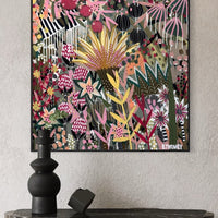 'The Golden Hour' by B.Twomey — original botanical acrylic painting, hot pink, gold and deep green on dark ground, 101x101cm, timber float frame