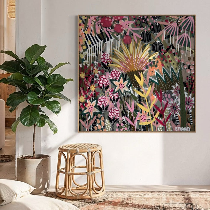 'The Golden Hour' by B.Twomey — original botanical acrylic painting, hot pink, gold and deep green on dark ground, 101x101cm, timber float frame