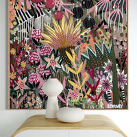 'The Golden Hour' by B.Twomey — original botanical acrylic painting, hot pink, gold and deep green on dark ground, 101x101cm, timber float frame