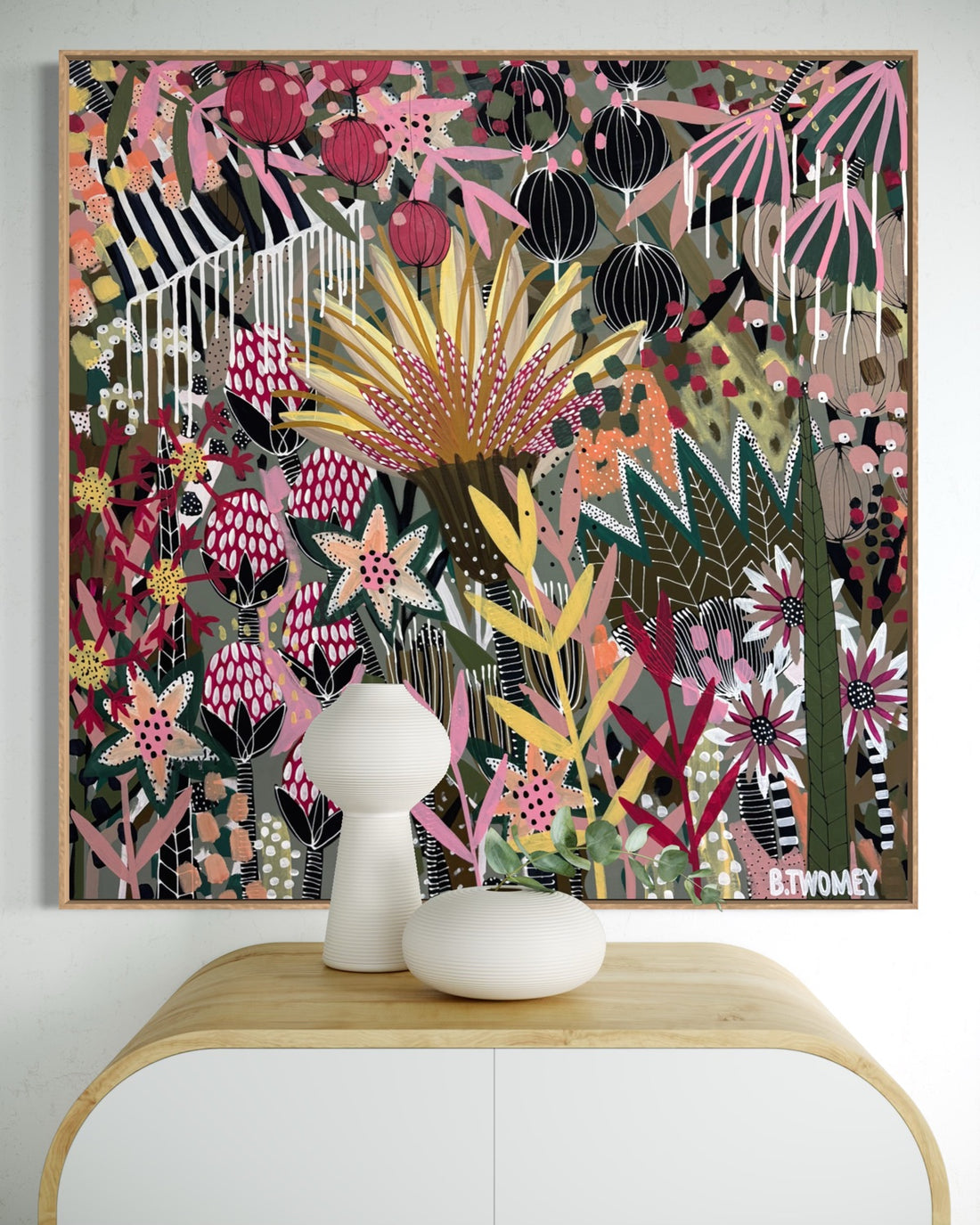'The Golden Hour' by B.Twomey — original botanical acrylic painting, hot pink, gold and deep green on dark ground, 101x101cm, timber float frame