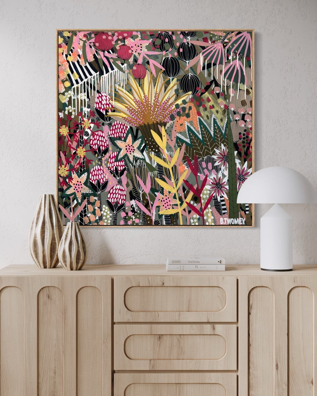 'The Golden Hour' by B.Twomey — original botanical acrylic painting, hot pink, gold and deep green on dark ground, 101x101cm, timber float frame