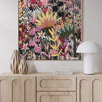 'The Golden Hour' by B.Twomey — original botanical acrylic painting, hot pink, gold and deep green on dark ground, 101x101cm, timber float frame