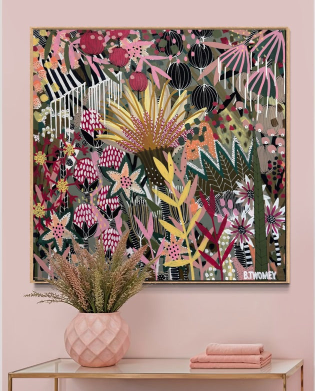 'The Golden Hour' by B.Twomey — original botanical acrylic painting, hot pink, gold and deep green on dark ground, 101x101cm, timber float frame