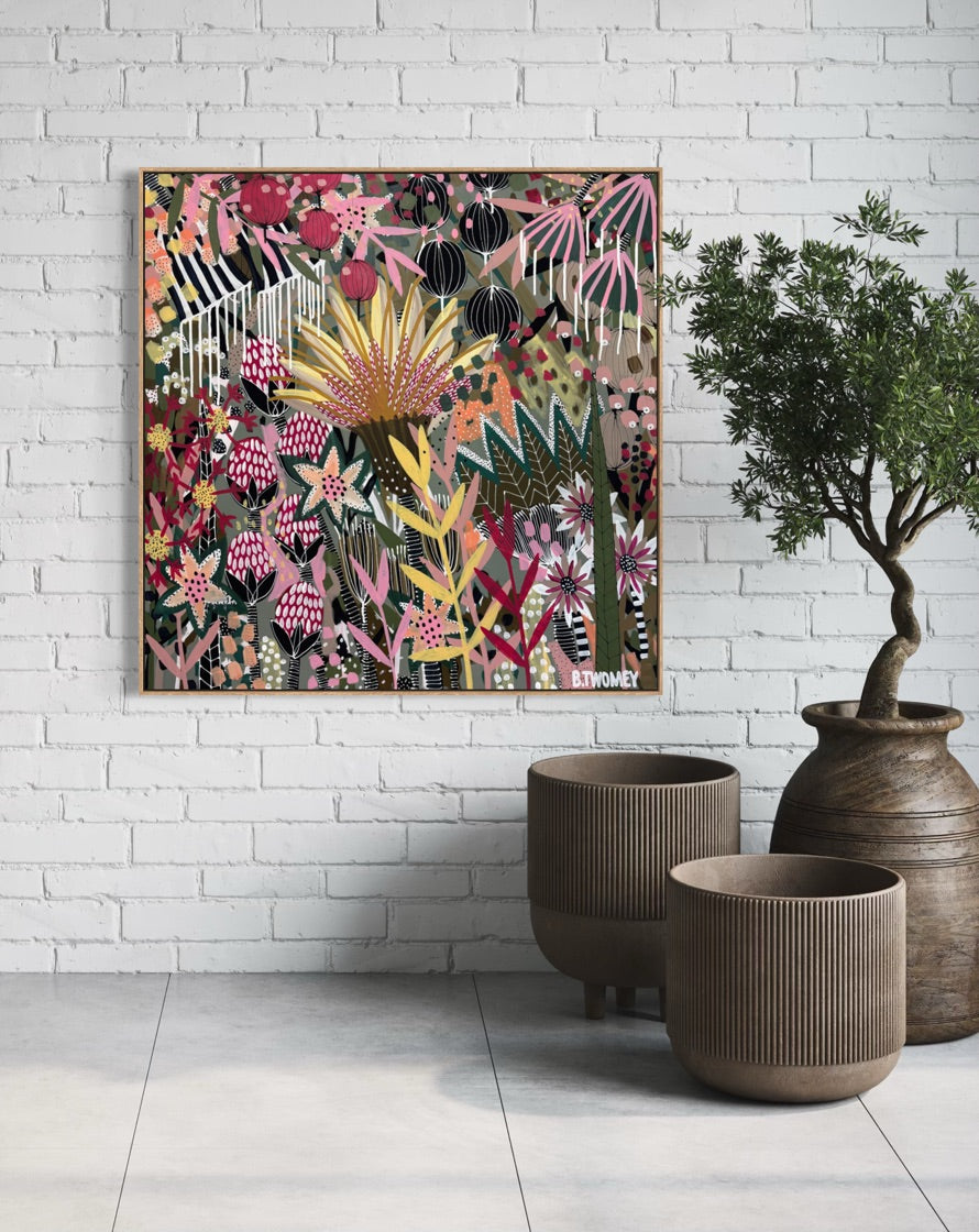 'The Golden Hour' by B.Twomey — original botanical acrylic painting, hot pink, gold and deep green on dark ground, 101x101cm, timber float frame
