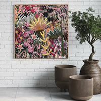'The Golden Hour' by B.Twomey — original botanical acrylic painting, hot pink, gold and deep green on dark ground, 101x101cm, timber float frame