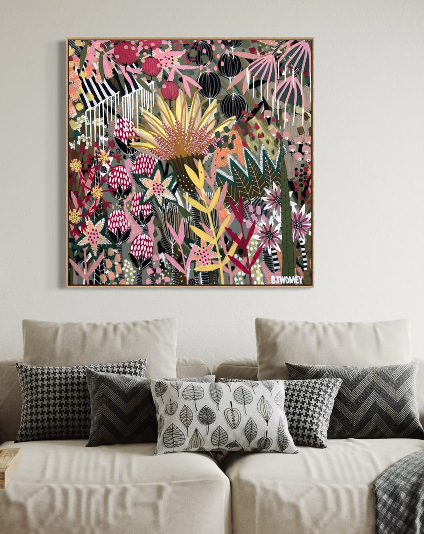 'The Golden Hour' by B.Twomey — original botanical acrylic painting, hot pink, gold and deep green on dark ground, 101x101cm, timber float frame