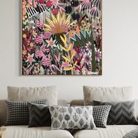 'The Golden Hour' by B.Twomey — original botanical acrylic painting, hot pink, gold and deep green on dark ground, 101x101cm, timber float frame