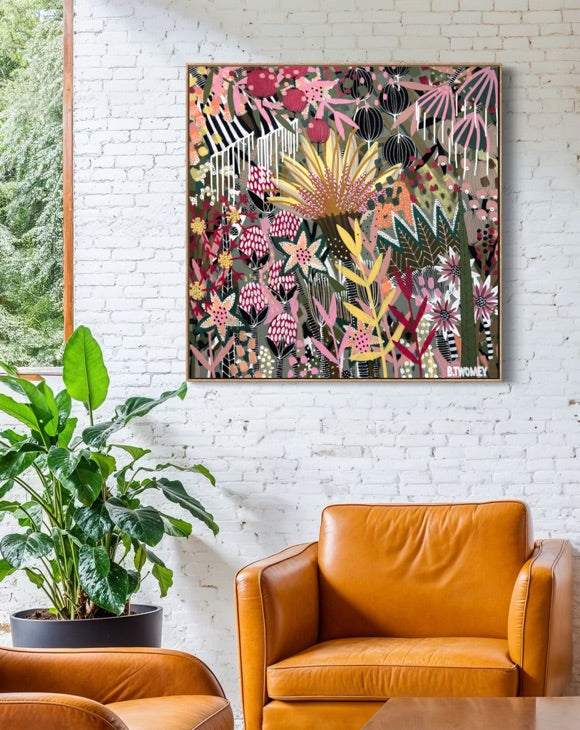 'The Golden Hour' by B.Twomey — original botanical acrylic painting, hot pink, gold and deep green on dark ground, 101x101cm, timber float frame
