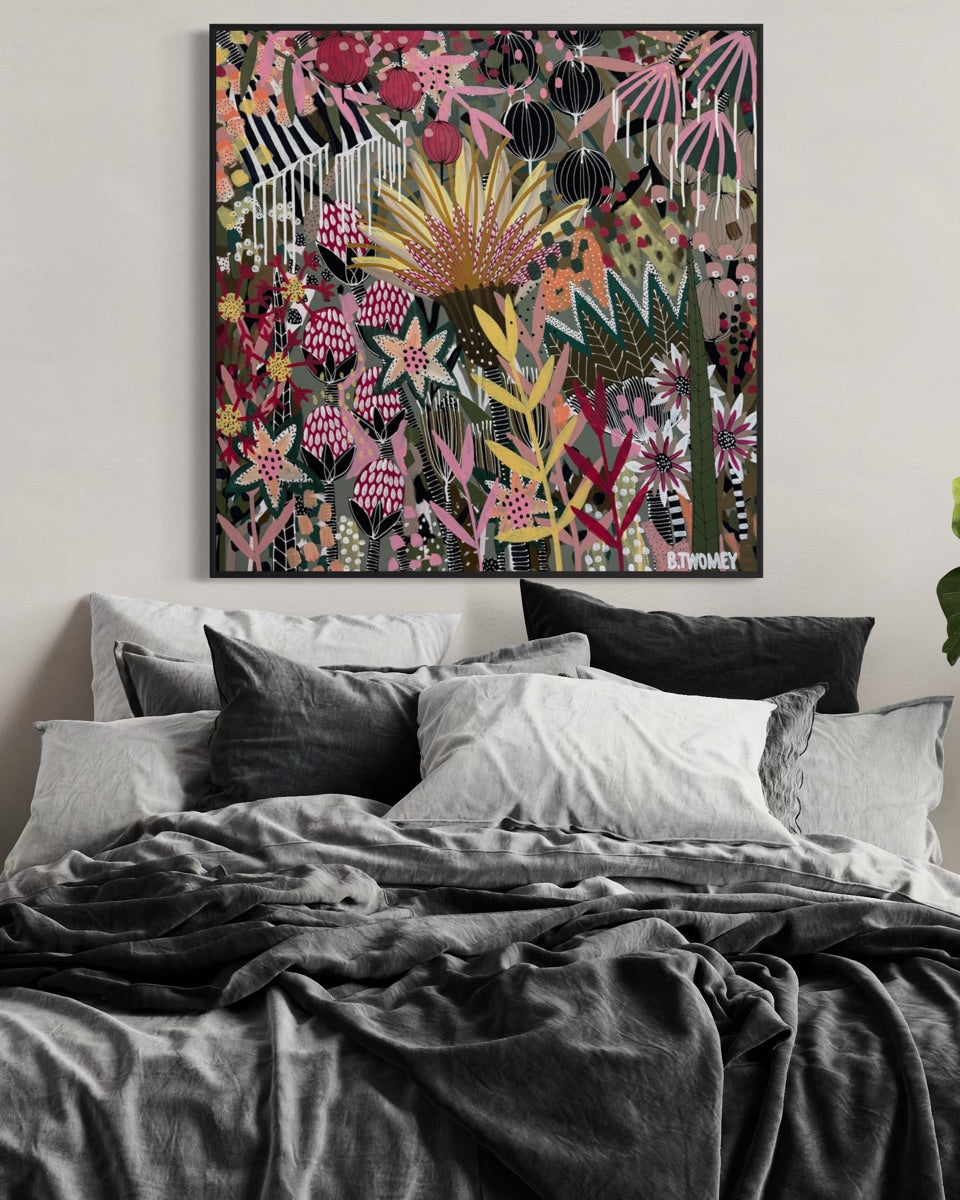 'The Golden Hour' by B.Twomey — original botanical acrylic painting, hot pink, gold and deep green on dark ground, 101x101cm, timber float frame