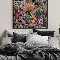 'The Golden Hour' by B.Twomey — original botanical acrylic painting, hot pink, gold and deep green on dark ground, 101x101cm, timber float frame