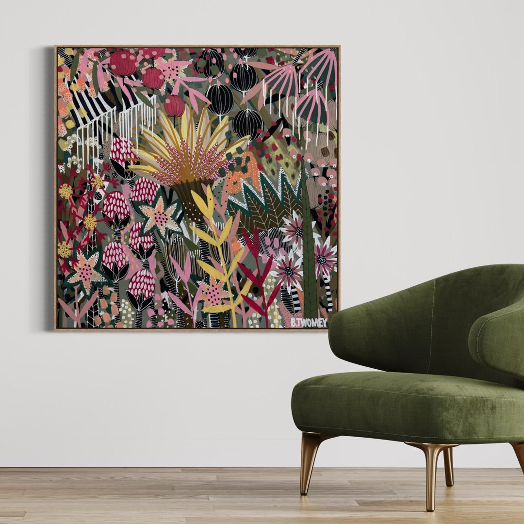 'The Golden Hour' by B.Twomey — original botanical acrylic painting, hot pink, gold and deep green on dark ground, 101x101cm, timber float frame