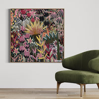 'The Golden Hour' by B.Twomey — original botanical acrylic painting, hot pink, gold and deep green on dark ground, 101x101cm, timber float frame