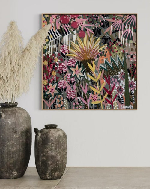 'The Golden Hour' by B.Twomey — original botanical acrylic painting, hot pink, gold and deep green on dark ground, 101x101cm, timber float frame