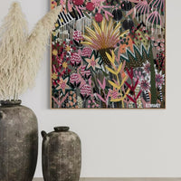 'The Golden Hour' by B.Twomey — original botanical acrylic painting, hot pink, gold and deep green on dark ground, 101x101cm, timber float frame