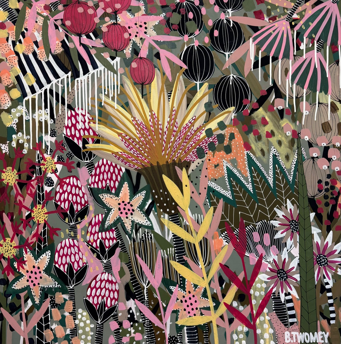 'The Golden Hour' by B.Twomey — original botanical acrylic painting, hot pink, gold and deep green on dark ground, 101x101cm, timber float frame