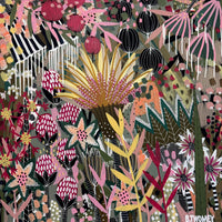 'The Golden Hour' by B.Twomey — original botanical acrylic painting, hot pink, gold and deep green on dark ground, 101x101cm, timber float frame